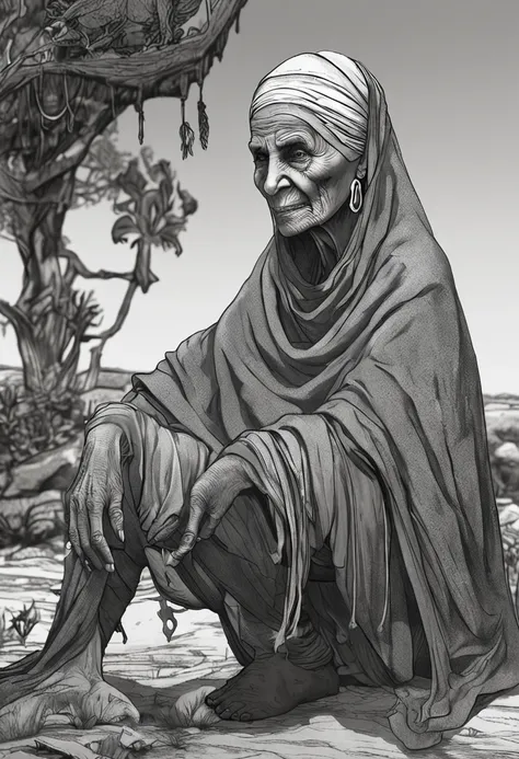 A shriveled old witch sits on a Kadilau bench in the background，She was holding a Soniste crow， Witch Old Woman, tmasterpiece，best qualtiy，Forcing Allah righteousness，Realist School Details，ultra - detailed， 16k，high definition resolution，Epic dark fantasy...