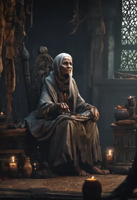 A shriveled old witch sits on a Kadilau bench in the background，She was holding a Soniste crow， Witch Old Woman, tmasterpiece，best qualtiy，Forcing Allah righteousness，Realist School Details，ultra - detailed， 16k，high definition resolution，Epic dark fantasy...