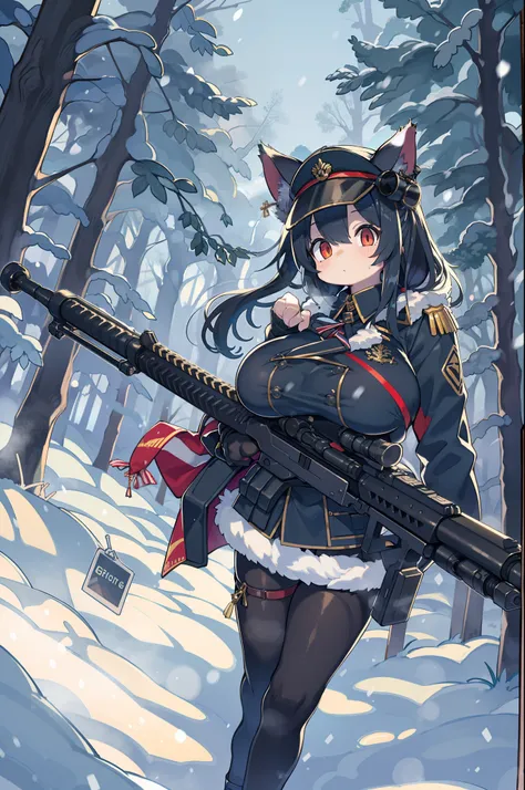 snowy forest, Black hair, Cat ears, Cat Girl, Red Eyes, As I ran, officer uniform, , Germany, Black Officer Uniform,huge-breasted、Giant Sniper Rifle、From the top、Overhead view,Very Wide Shot