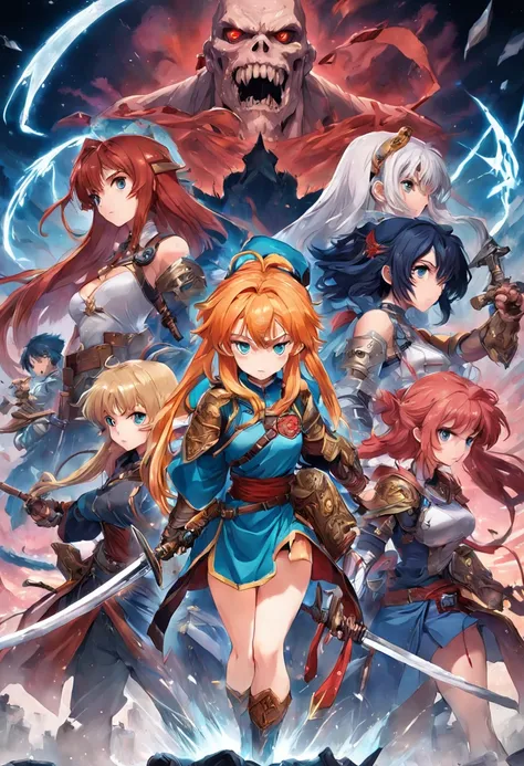 masterpiece, high quality, best quality, high detail, perfect draw, a picture taken from a video game showing a group of women and man with swords, official artwork, detailed cover artwork, key art, promo art, album art, front cover of a new video game, en...