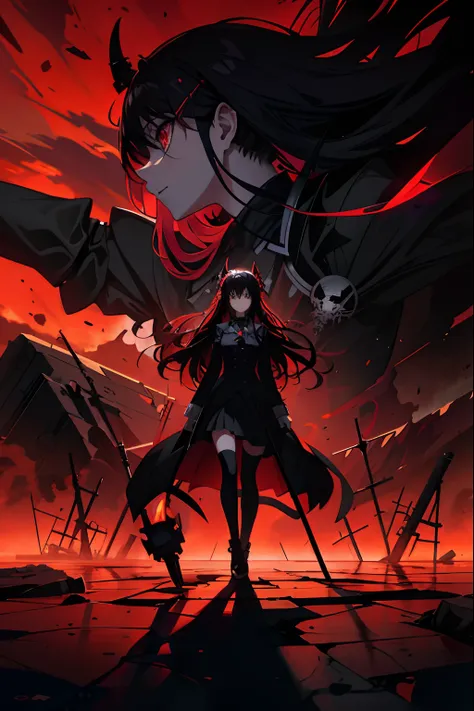 Anime girl with long hair and black coat standing in front of the demonic landscape, Badass anime 8 K, Anime epic artwork, anime background key visual, gapmoe yandere grimdark, gothic maiden anime girl, official anime key visual, by Yang J, with red glowin...