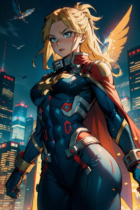 female all might, muscular, abs, (full body suit), superhero, city scape, ((flying in sky)) , ((my hero academia style)), (red cape), (blonde), (blue eyes)