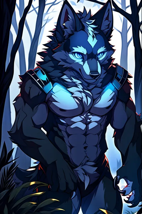 Solo, Male, (Muscular), (male anthro wolf):1.3, Black body, White belly, (Detailed eyes, blue color eyes, Sharp claws，Cute beast claws，glowing light eyes):1.1, (exteriors:1.35), ln the forest, the night，detailedbackground，realisticlying，realistic hand，8k h...