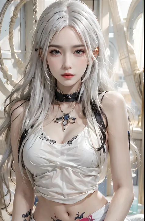 Photorealistic, high resolution, 1womanl, Solo, Hips up, view the viewer, (Detailed face), White hair, Long hair, Medium breasts, Tattoo on the crotch