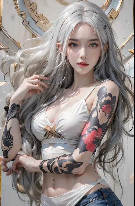 Photorealistic, high resolution, 1womanl, Solo, Hips up, view the viewer, (Detailed face), White hair, Long hair, Medium breasts, Tattoo on the crotch