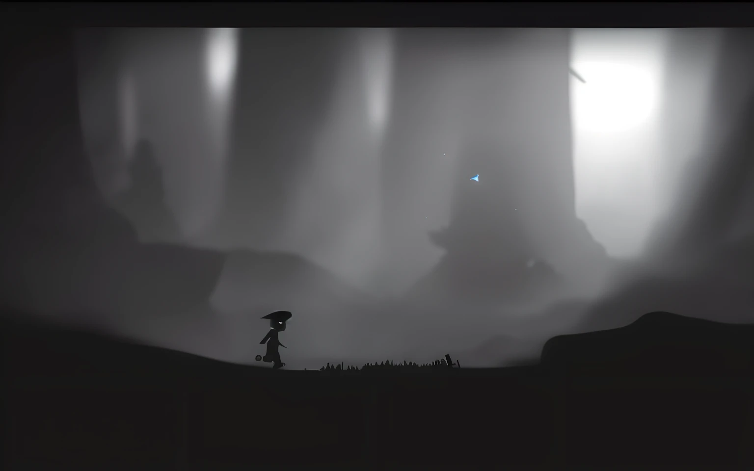 A group of people walking in the dark，There are also black-and-white photos of people waving back, limbo game, Limbo, ai limbo, video game screenshot>, video game screenshot, cutscene footage, game footage, playable trailer, game screenshot, game screensho...