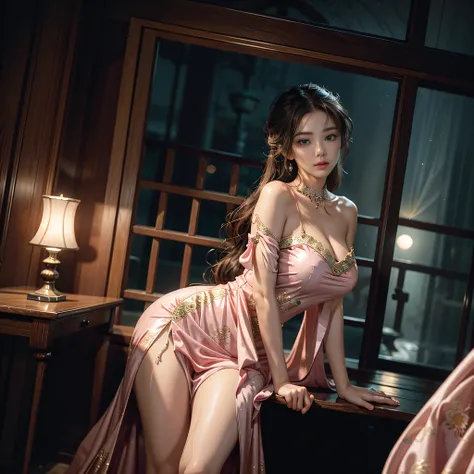 The art depicts a charming woman, 20 years old, dressed in a flowing, silky traditional oriental dress, pink, decorated with intricate patterns and bright colors. Her dress drapes elegantly over her curvy figure, accentuating her seductive silhouette. She ...