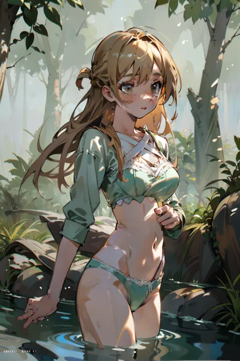 sfw,Girl with blonde hair and freckles,Girl swiming In The forests river,1girl in,Blonde hair,Side tail,offcial art,Unity 8k,ultra-detailliert,Beautiful and aesthetic,masutepiece,top-quality,dynamic ungle,cowboyshot,Timost Beautiful Chaos Formo,Elegant,Abr...