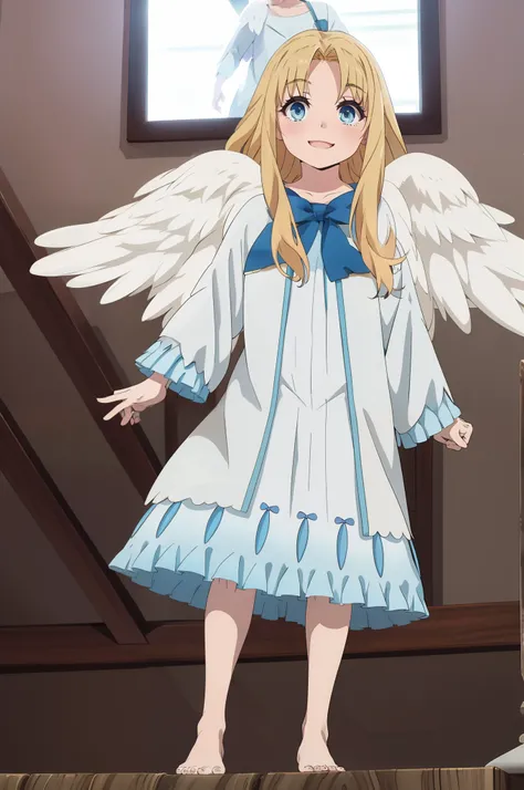 filo attire, standing full body, wings, smile, happy, blush