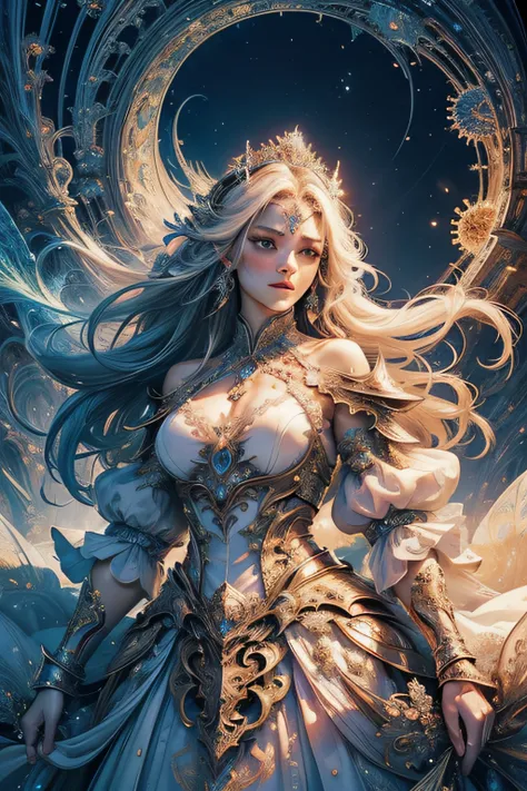 (masterpiece, top quality, best quality, official art, beautiful and aesthetic:1.2), (1girl), strong, matured, extreme detailed, (fractal art:1.3), colorful, highest detailed, royal, princess, warrior, extreme bold, super white gown dress