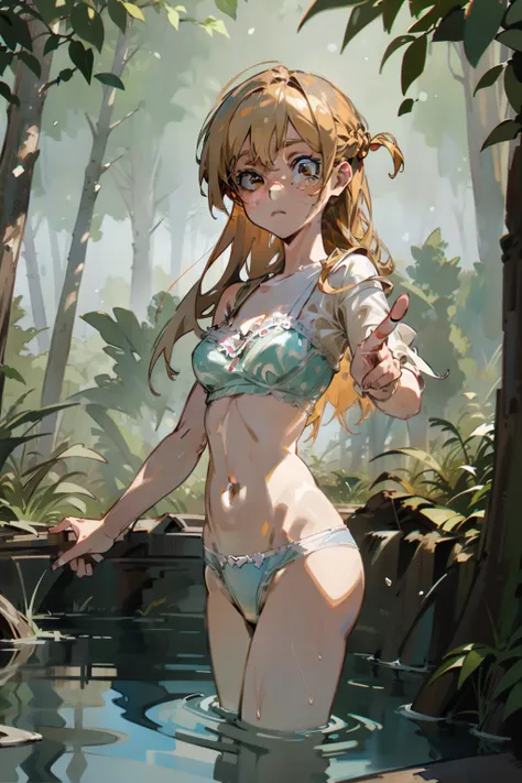 sfw,Girl with blonde hair and freckles,Girl swiming In The forests river,1girl in,Blonde hair,Side tail,offcial art,Unity 8k,ultra-detailliert,Beautiful and aesthetic,masutepiece,top-quality,dynamic ungle,cowboyshot,Timost Beautiful Chaos Formo,Elegant,Abr...