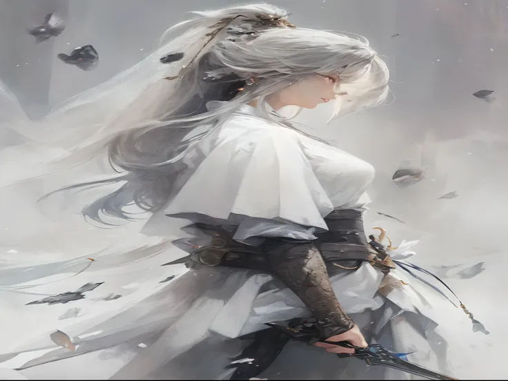 a close up of a woman with a sword in a white dress, a character portrait by Yang J, trending on cgsociety, fantasy art, beautiful character painting, artwork in the style of guweiz, guweiz, white hanfu, flowing white robes, full body wuxia, epic exquisite...