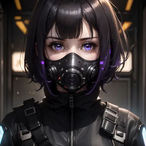 1 girl in,Strands of hair（Bob Hair,Bangs cut,Nero）,Eyes are purple,drooing eyes,cyberpunked,gas masks,（(SF Tech Mask Black)）,（Techware White）,Lower eyelashes are long,baby-face,（languorous expression）,Eye makeup surrounds the eyes with black shadows,