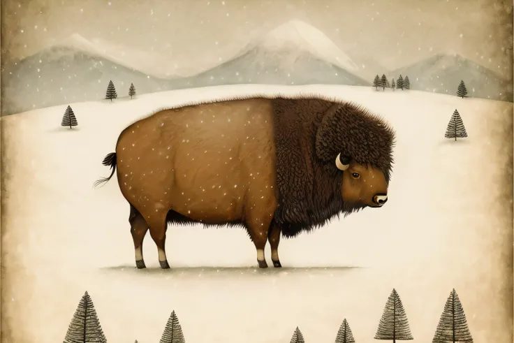 there is a brown bison standing in the snow with trees, inspired by Giuseppe Bernardino Bison, by Giuseppe Bernardino Bison, by Artur Tarnowski, illustrations of animals, by Béla Pállik, jane newland, by Clément Serveau, wildlife illustration, anton semeno...