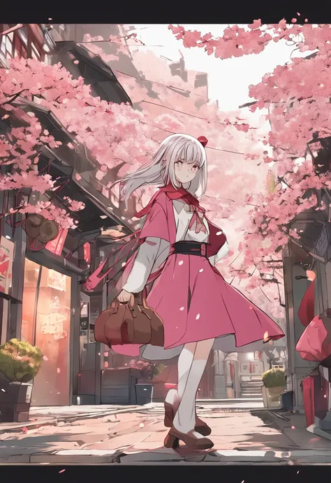 Sakura Maiden，whaite hair，short  skirt，Like a pear coat，Pink clothes