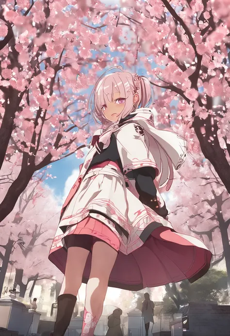 Sakura Maiden，whaite hair，short  skirt，Like a pear coat，Pink clothes