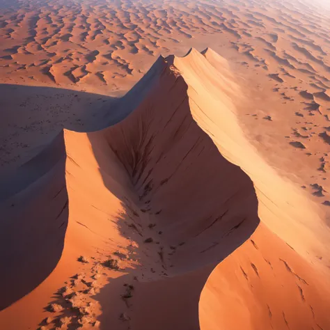 Aerial view of the sand crest of the vast desert with no end in sight, uma grande torre negra ao fundo, um grande buraco vermelho acima da torre, sand falling from various parts of the sky, Olhe de cima para baixo, Antecedentes altamente detalhados，Realist...