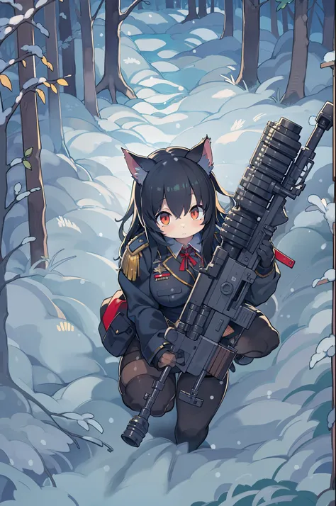 snowy forest, Black hair, Cat ears, Cat Girl, Red Eyes, As I ran, officer uniform, , Germany, Black Officer Uniform,huge-breasted、Giant Sniper Rifle、From the top、Overhead view,Very Wide Shot,dog tag