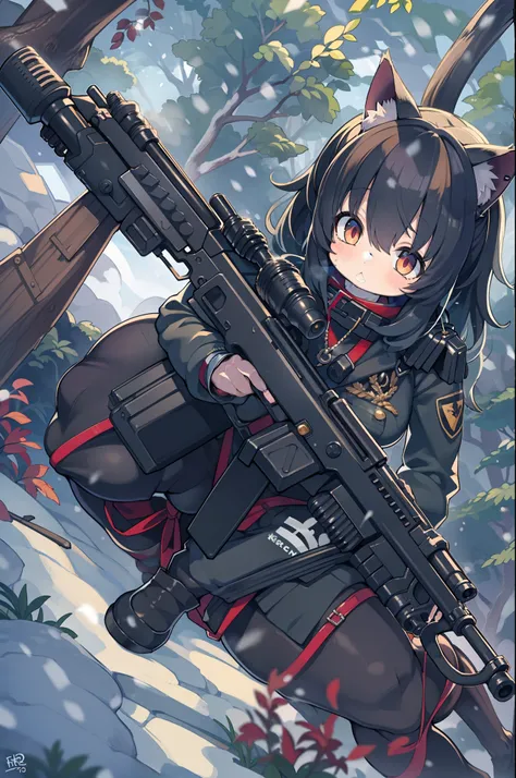 snowy forest, Black hair, Cat ears, Cat Girl, Red Eyes, As I ran, officer uniform, , Germany, Black Officer Uniform,huge-breasted、Giant Sniper Rifle、From the top、Overhead view,Very Wide Shot,dog tag