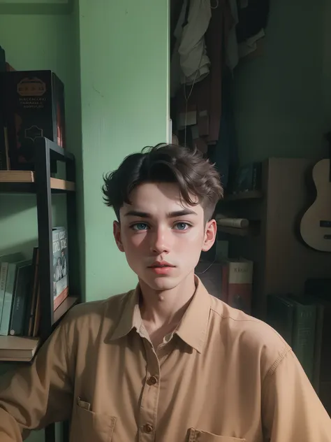 vintage vibe,street photography,retro color grading,face not change,cute boy,bookshelf background .in library