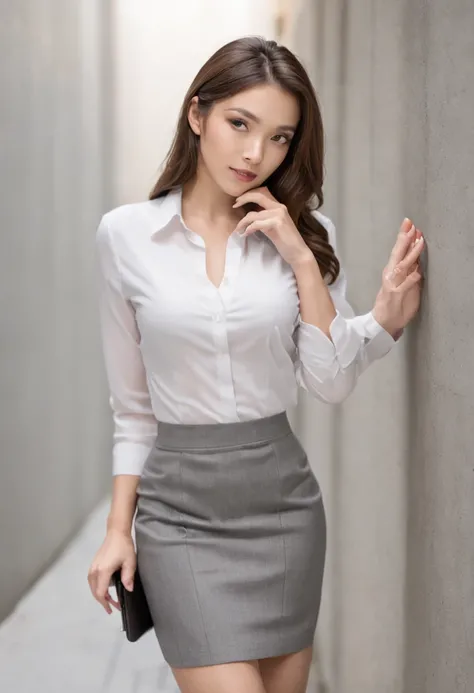 Allard woman holding cell phone in skirt and high heels, office clothes, grey skirt, Business clothes, business outfit, cute elegant pose, Attractive pose, wearing business casual dress, white shirt and grey skirt, side pose, casual business outfit, advert...