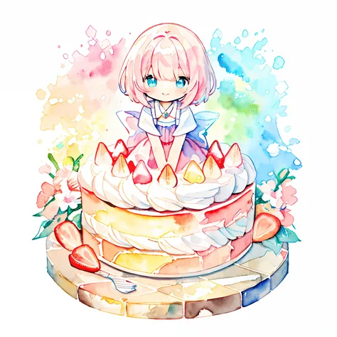 PastelColors:1.5)、(Cute illustration:1.5)、(watercolor paiting:1.2)、Light blue background、girl with、full body Esbian、Smile Smile、Stranger、Pale yellow all over、Moya、marble、colourfull、jello、a cake、Cake Girl、kawaii girl