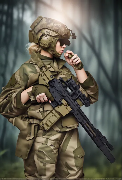 Coloring，detaileds, Blonde female soldier，(((Digital camouflage pattern military uniform)))，detaileds，Heavy metal weapons，jungle backdrop，morningglow，Super detailed