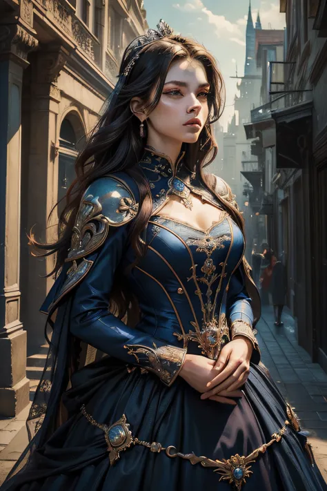 (masterpiece, top quality, best quality, official art, beautiful and aesthetic:1.2), (1girl), strong, matured, extreme detailed, colorful, highest detailed, royal, princess, warrior, extreme bold, navy blue gown dress, building in background