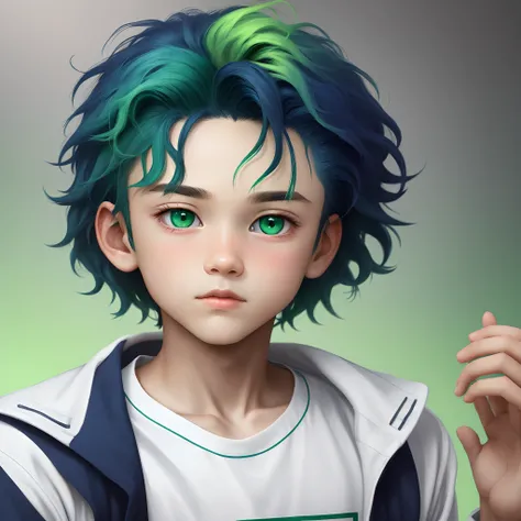 Navy blue hair，Green pick dye，Green eyes，younge boy，quadratic element