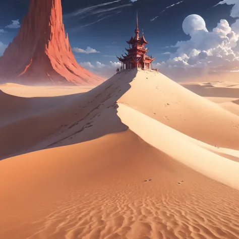 bottom-up view of a vast white sand desert with no end in sight, uma grande torre negra ao fundo, um grande buraco vermelho acima da torre, sand falling from various parts of the sky, Olhe de baixo para cima, Antecedentes altamente detalhados，Realistic，ult...