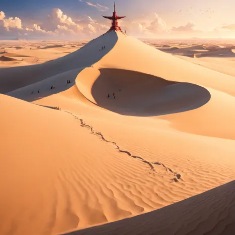 bottom-up view of a vast white sand desert with no end in sight, uma grande torre negra ao fundo, um grande buraco vermelho acima da torre, sand falling from various parts of the sky, Olhe de baixo para cima, Antecedentes altamente detalhados，Realistic，ult...