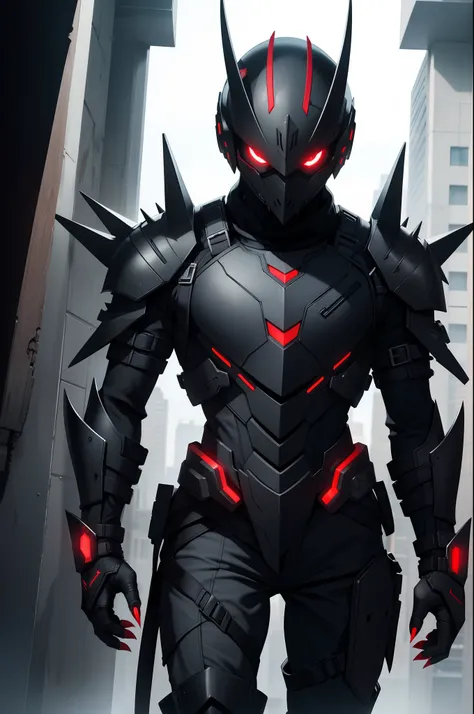 solo male, slim, black armor, sci-fi armor, red eyes, covered face, black mask, spikes, claws