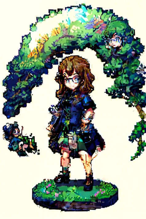 Brown brown hair，Curls，Hair to shoulders，Round glasses metal frame thin frame，Black and blue robe with blue lining，The skirt is knee-high，Beth，Black leather shoes，Pea flowers in one hand, flowers in one hand, books in the other，Blue eyes