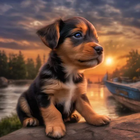 A cute, detailed, HDR puppy watching the sunset