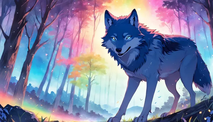 Card frame　Blue wolf　Lively and cheerful teenager rainbow color background　Extremely colorful　Design the starry sky