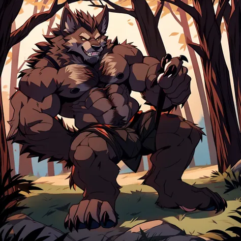 muscular werewolf，hairy all over，clawed paws，erect through