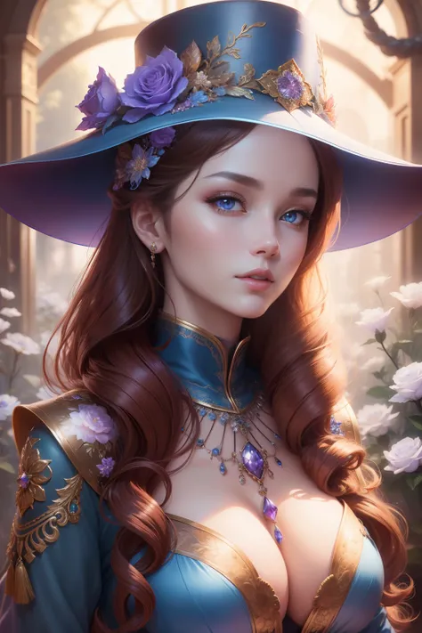 tmasterpiece，Highest high resolution，Dynamic bust of beautiful aristocratic maiden，Brown chestnut hair elegantly coiled，（(With a huge blue hat))，Purple clear eyes，The hair is covered with beautiful and delicate floral craftsmanship, Crystal jewelry filigre...