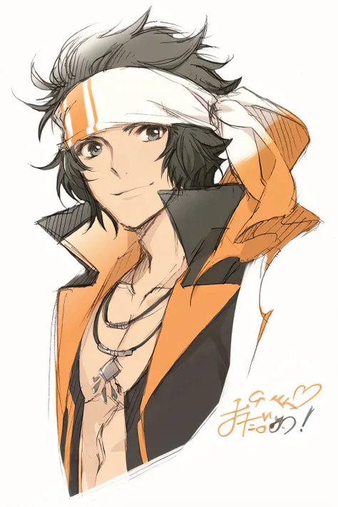 a drawing of a man with a bandana on his head, Katekyo Hitman Renascido, inspirado em Okumura Masanobu, inspirado em Yamagata Hiro, Shirow Masamune, Kazuma Kaneko, shigenori soejima illustration, Akiyuki Shinbou, Yata Hana, estilo anime", sou um naranbaata...