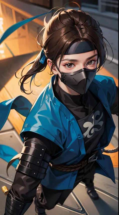 Grown-up guy, ninja, Blue Shinobi Uniform, Brown eyes, mask, Masterpiece, hiquality