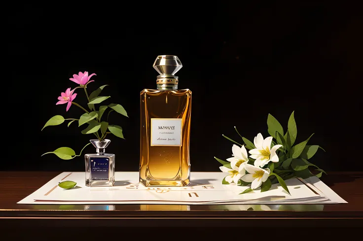 there is a bottle of perfume sitting on a table with flowers, a picture inspired by May de Montravel Edwardes, shutterstock, renaissance, perfume, floating in perfume, high quality product photography, product photography, commercial product photography, a...