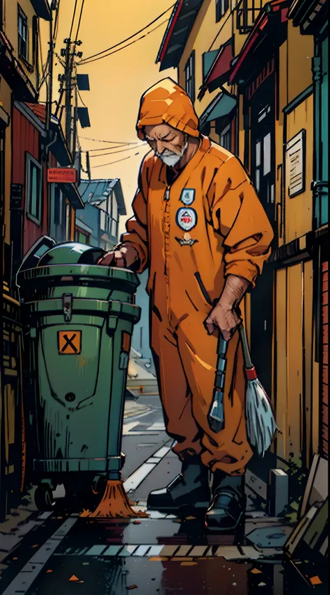 An old sweeper man in an orange suit is a very tired sweeper cleaning the street with a broom, a trash can on the side of the street