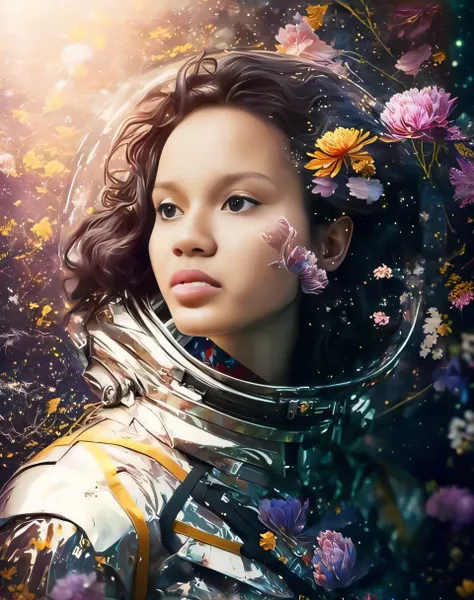 um close up de uma mulher em um traje espacial com flores em seu cabelo, Zoe Kravitz astronauta futurista, Zoe Kravitz como astronauta, Retrato Armored Astronauta Menina, girl in space, mulher bonita no traje espacial, tipo cyborg menina com flores, Retrat...