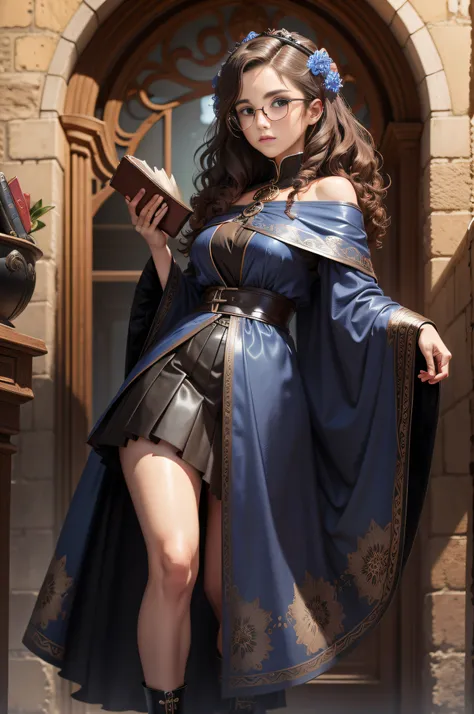 Brown brown hair，Curls，Hair to shoulders，Round glasses metal frame thin frame，Black and blue robe with blue lining，The skirt is knee-high，Beth，Black leather shoes，Pea flowers in one hand, flowers in one hand, books in the other，Blue eyes