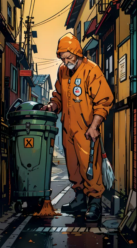 An old sweeper man in an orange suit is a very tired sweeper cleaning the street with a broom, a trash can on the side of the street