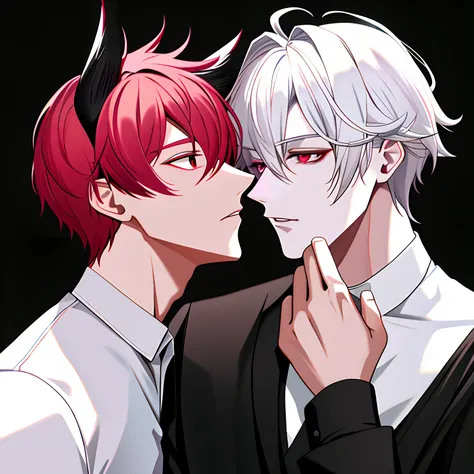 2 boys(gay) His Kissing his lovers hands

Boy (1) Seme, tall, handsome, white hair, red eyes, has a 2 black horns, 2 wolf ears, white shirt , seductive face, top face

Boy (2) Uke, short, cute,  pink maroon hair, yellow eyes, has a 2 black horns, 2 wolf ea...