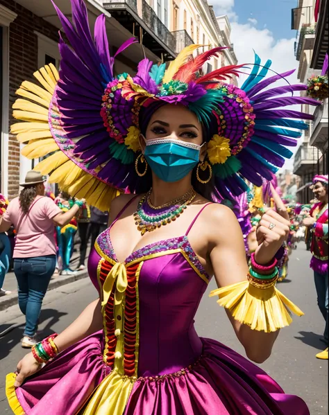 festive and flamboyant, adorned in vibrant colors and a feathered mask, dancing through the streets during a lively parade:0.3 embodiment of (Louisiana)1.2 capturing the exuberance of Mardi Gras in the heart of the French Quarter."