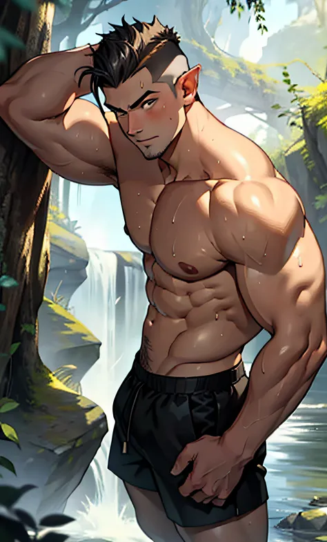 (photo angle from the bottom up) (highest quality image) elf boy, beardless, cute young face, royal, young, teen, wearing short triangle shorts showing his thighs  giant solid, standing, cute young face, undercut hair, giant muscular chest muscles, big mus...