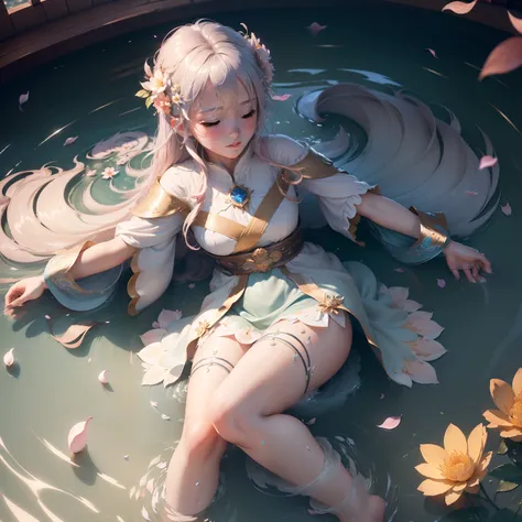 ((extremely detailed CG unity 8k wallpaper, Best Picture Quality, ultra-detailliert), Best lighting, The most exquisite and beautiful), afloat, falling flower petals, Flowing water, One bed(Stable graphics generated by the Diffusion Model)。