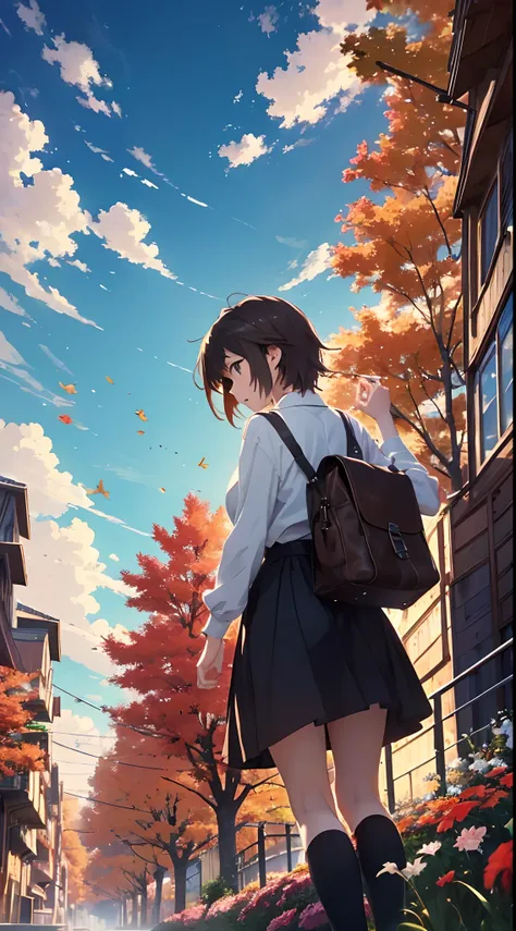 Makoto Shinkai、((A masterpiece)),((Highest quality)),、anime big breast、,、Autumn sky、The tree is dead、1womanl、Looking Up The Sky、Autumn、Beautiful scenery、Beautiful sky、There was a little wind、from back、From under your feet、Perspective、