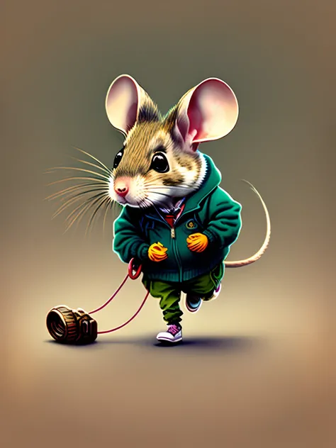 The illustration is a mouse with the clothes of a classic company worker , bipedal rat , skull , o rato parece estar correndo atras de alguma coisa , Rat: expression of one who is late for something;